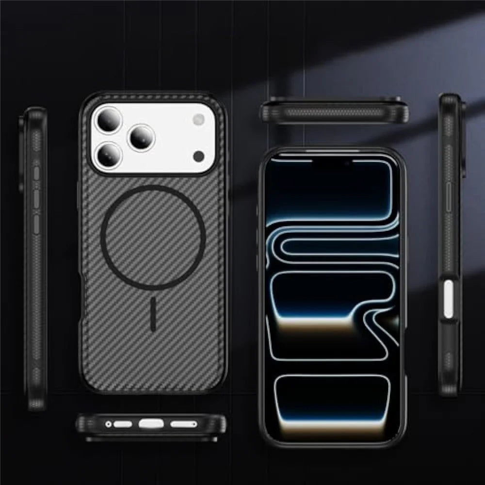 For iPhone 18 Pro Max / 17 Pro Max Magnetic Case Carbon Fiber Texture PC + TPU Anti-Slip Phone Cover Compatible with MagSafe - Black - 6