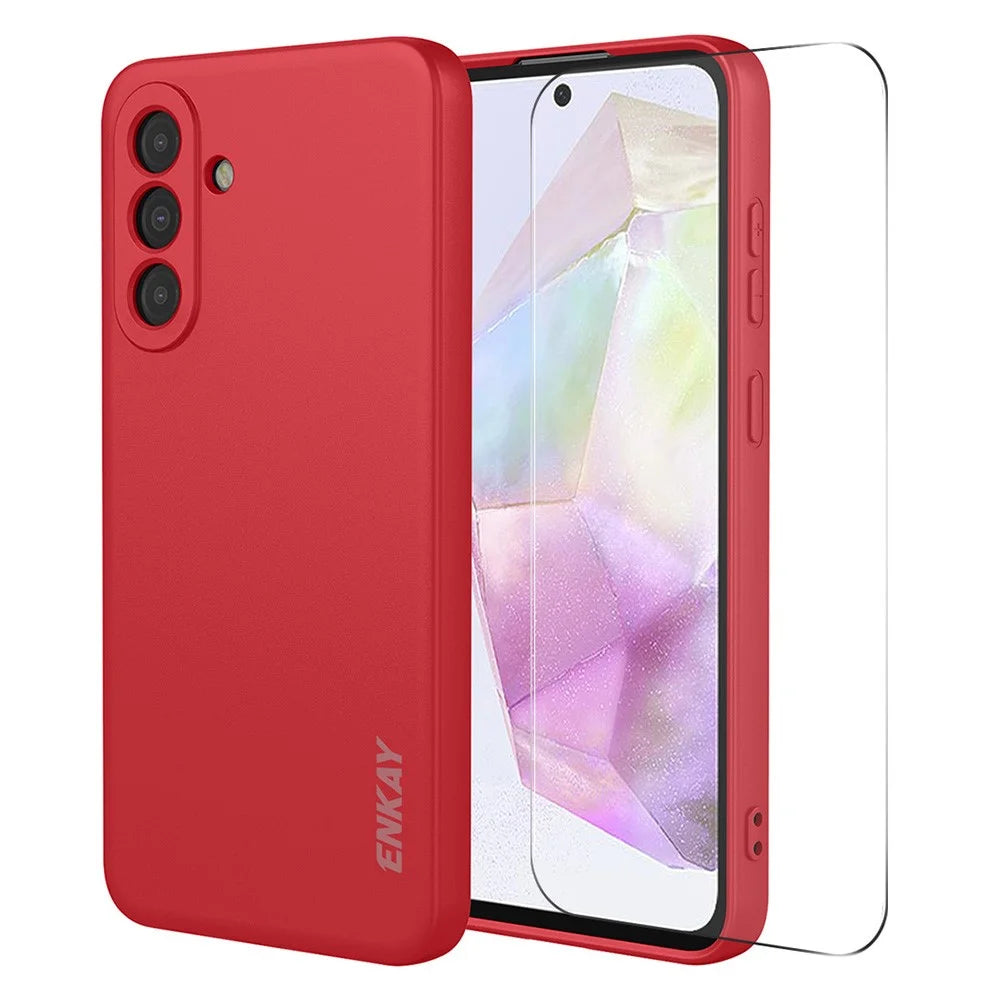 ENKAY HAT PRINCE For Samsung Galaxy A37 5G Silicone Case Straight Edge Phone Cover + 9H Glass Protector - Red - 1