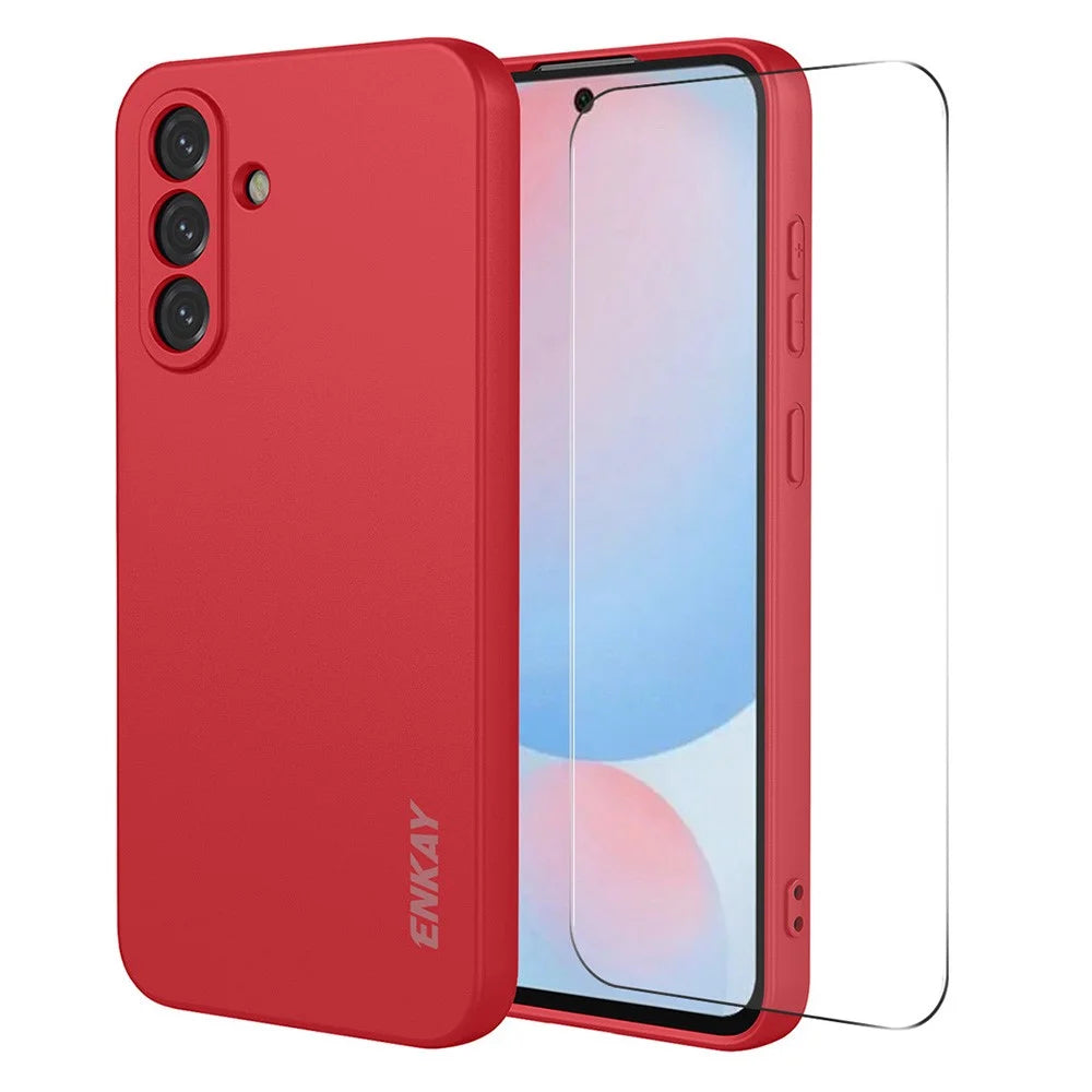 ENKAY HAT PRINCE For Samsung Galaxy A57 5G Silicone Case Straight Edge Phone Cover + 9H Glass Protector - Red - 1