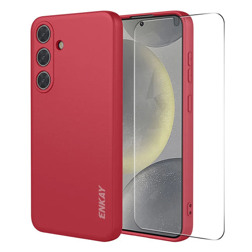 ENKAY HAT PRINCE For Samsung Galaxy S26 Case Straight Edge Liquid Silicone Cover with 0.18mm High Aluminium-silicon Glass Film - Red - 1