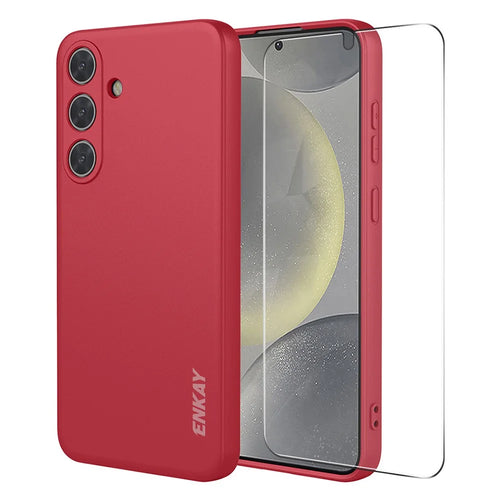 ENKAY HAT PRINCE For Samsung Galaxy S26+ Case Straight Edge Liquid Silicone Cover with 0.18mm High Aluminium-silicon Glass Film  - Red - 1