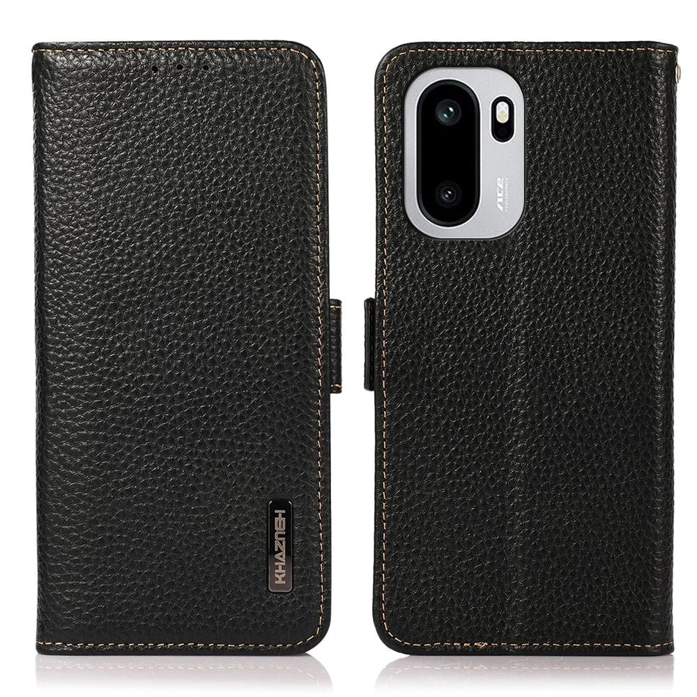 KHAZNEH Phone Case for OnePlus 15R 5G / Ace 6 5G / Ace 6T 5G Genuine Cow Leather Cover RFID Blocking - Black - 1