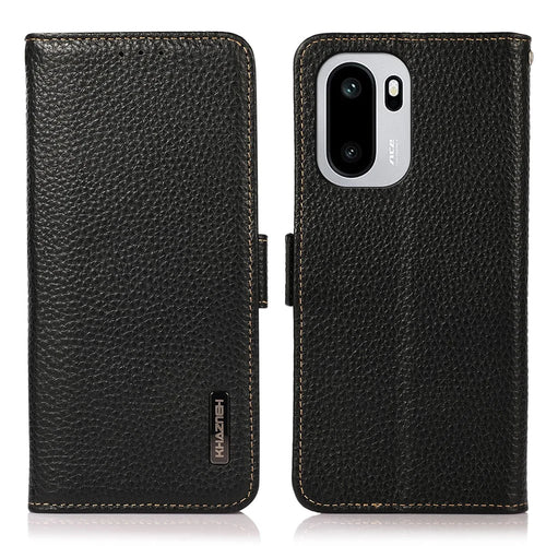 KHAZNEH Phone Case for OnePlus 15R 5G / Ace 6 5G / Ace 6T 5G Genuine Cow Leather Cover RFID Blocking - Black - 1