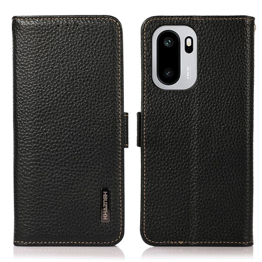 KHAZNEH Phone Case for OnePlus 15R 5G / Ace 6 5G / Ace 6T 5G Genuine Cow Leather Cover RFID Blocking - Black - 1