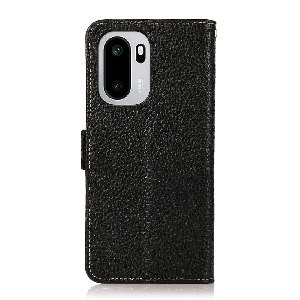 KHAZNEH Phone Case for OnePlus 15R 5G / Ace 6 5G / Ace 6T 5G Genuine Cow Leather Cover RFID Blocking - Black - 7