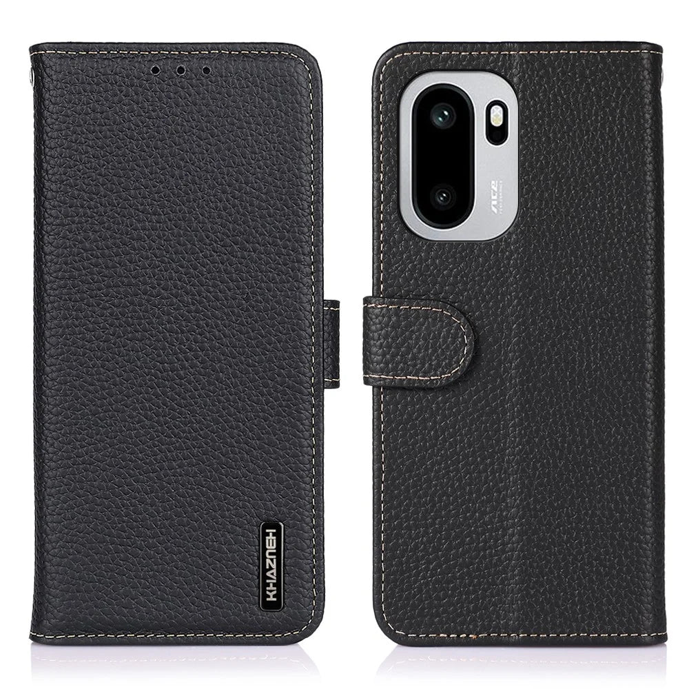 KHAZNEH Case for OnePlus 15R 5G / Ace 6 5G / Ace 6T 5G Genuine Cow Leather Flip Phone Cover - Black - 1