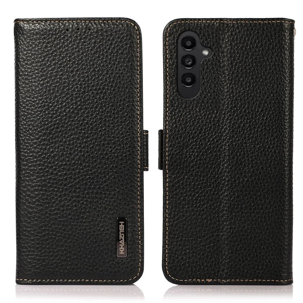 KHAZNEH for Samsung Galaxy A37 5G Phone Case Genuine Cow Leather Cover RFID Blocking - Black - 1