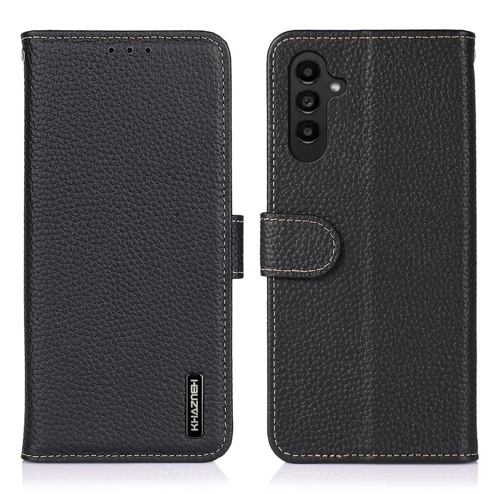 KHAZNEH For Samsung Galaxy A37 5G Case Genuine Cow Leather Flip Phone Cover - Black - 1