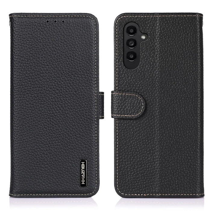 KHAZNEH For Samsung Galaxy A37 5G Case Genuine Cow Leather Flip Phone Cover - Black - 1