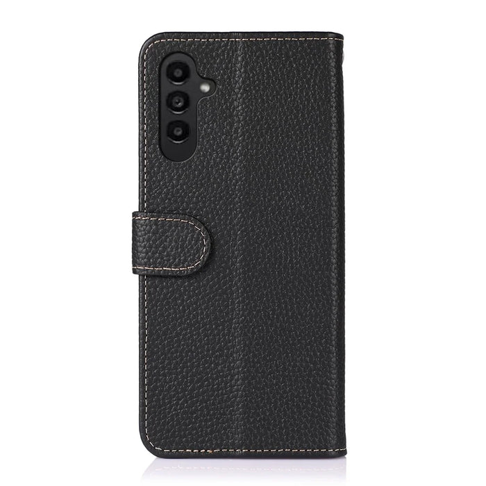 KHAZNEH For Samsung Galaxy A37 5G Case Genuine Cow Leather Flip Phone Cover - Black - 6