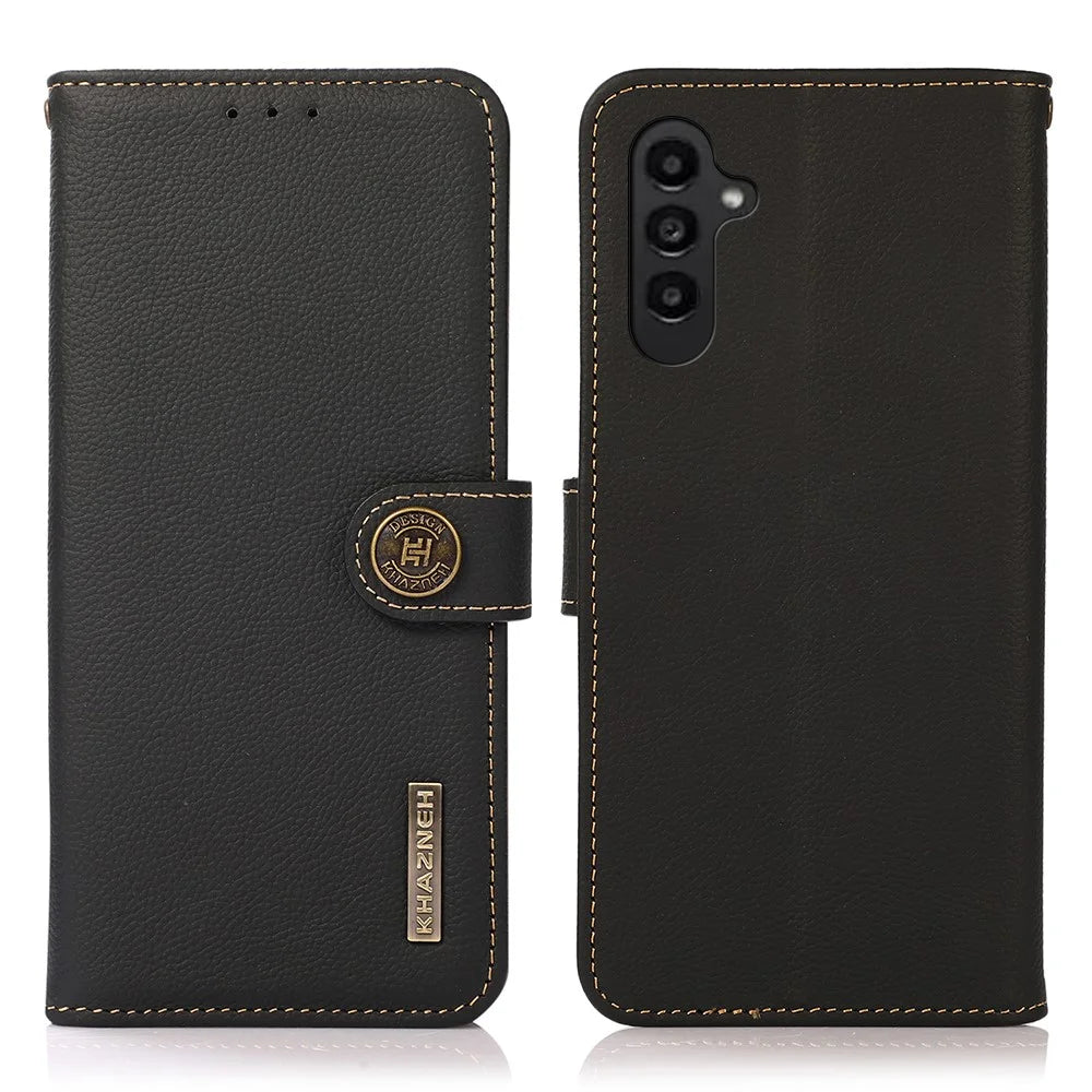 KHAZNEH for Samsung Galaxy A57 5G Case Genuine Cow Leather RFID Blocking Wallet Phone Cover - Black - 1
