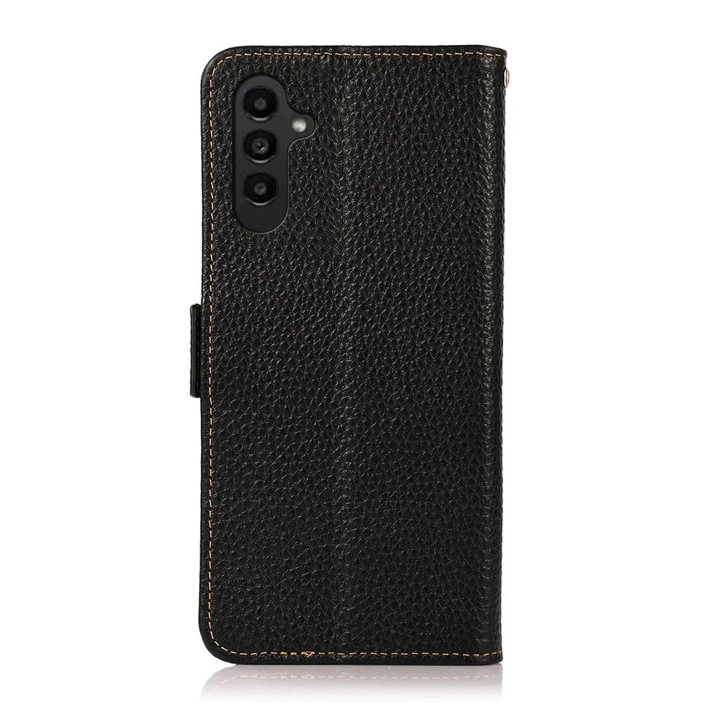 KHAZNEH for Samsung Galaxy A57 5G Phone Case Genuine Cow Leather Cover RFID Blocking - Black - 7