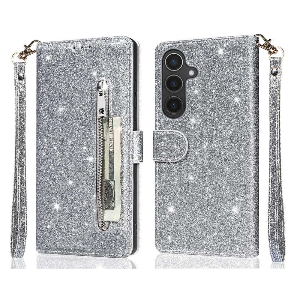 For Samsung Galaxy A37 5G Stand Case Glitter Phone Leather Cover Zipper Pocket - Silver - 1