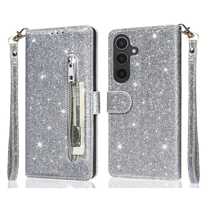 For Samsung Galaxy A37 5G Stand Case Glitter Phone Leather Cover Zipper Pocket - Silver - 1