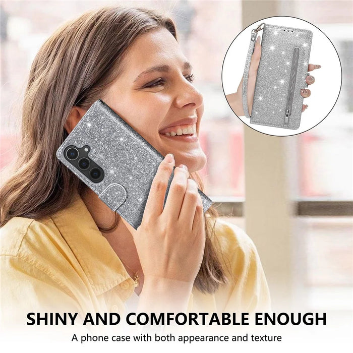 For Samsung Galaxy A37 5G Stand Case Glitter Phone Leather Cover Zipper Pocket - Silver - 5