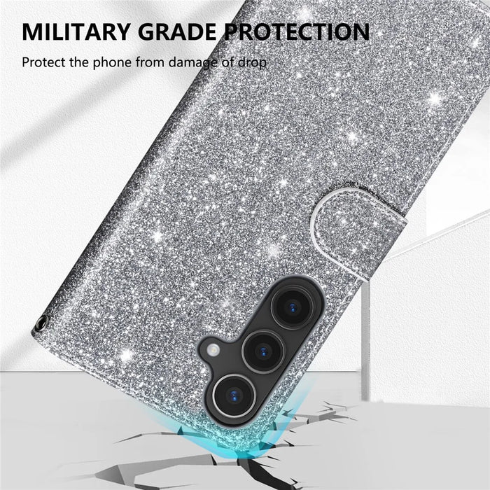 For Samsung Galaxy A37 5G Stand Case Glitter Phone Leather Cover Zipper Pocket - Silver - 6