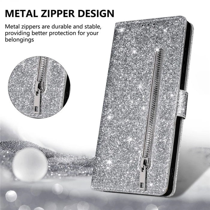 For Samsung Galaxy A37 5G Stand Case Glitter Phone Leather Cover Zipper Pocket - Silver - 7