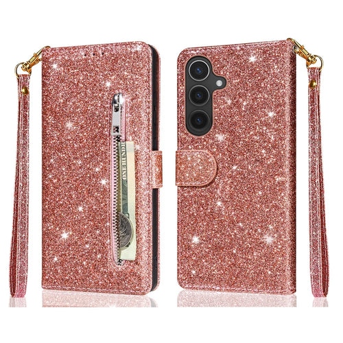 For Samsung Galaxy A57 5G Stand Case Glitter Phone Leather Cover Zipper Pocket - Rose Gold - 1