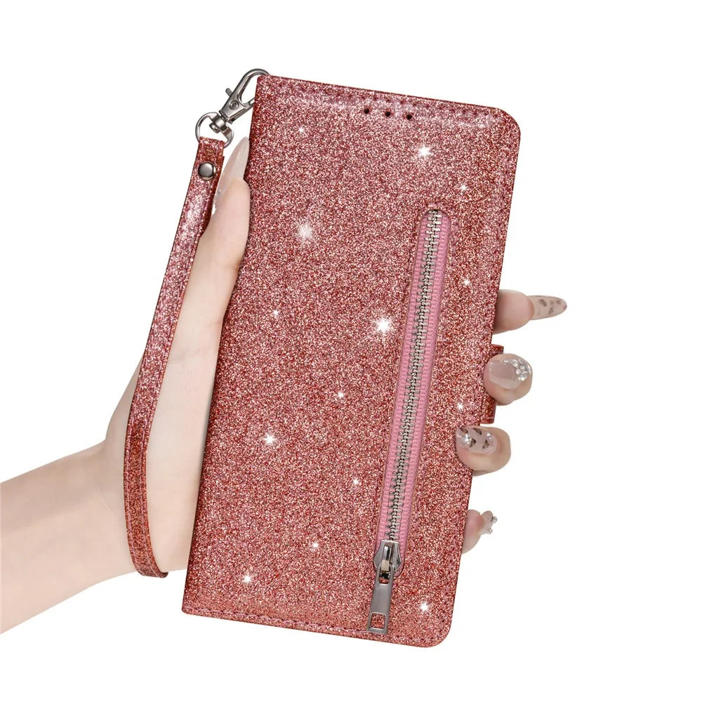 For Samsung Galaxy A57 5G Stand Case Glitter Phone Leather Cover Zipper Pocket - Rose Gold - 4