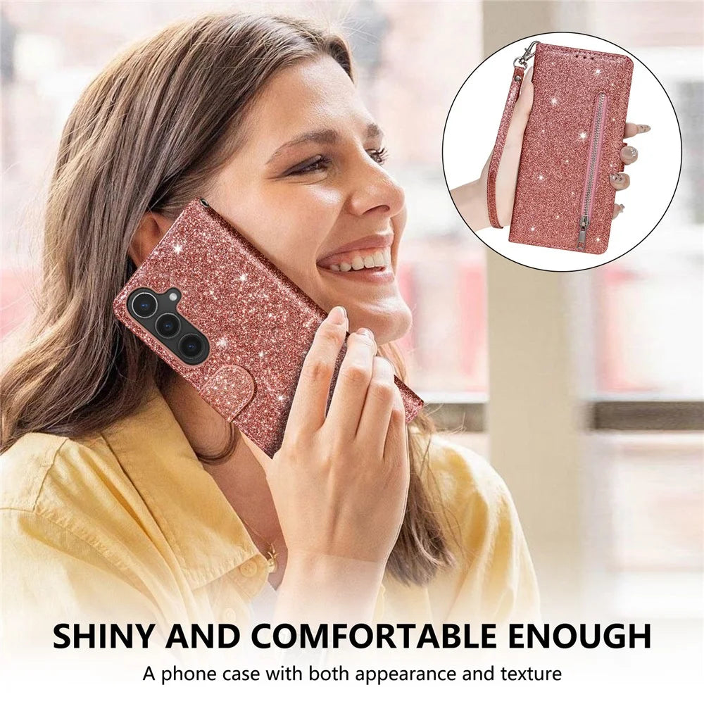 For Samsung Galaxy A57 5G Stand Case Glitter Phone Leather Cover Zipper Pocket - Rose Gold - 5