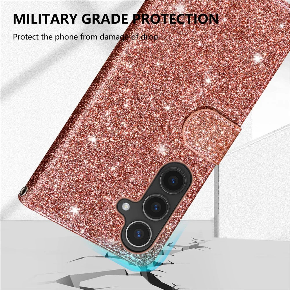 For Samsung Galaxy A57 5G Stand Case Glitter Phone Leather Cover Zipper Pocket - Rose Gold - 6