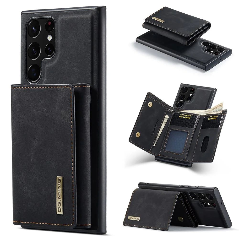 DG.MING M1 Series for Samsung Galaxy S26 Ultra Phone Case PU + TPU + PC Back Cover with Magnetic Tri-Fold Wallet Kickstand - Black - 1
