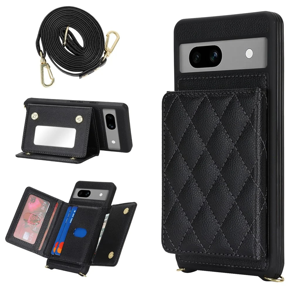 For Google Pixel 7a Case with Lanyard   /   Mirror   /   Card Holder Grids Pattern RFID Blocking Phone Cover - Black - 1