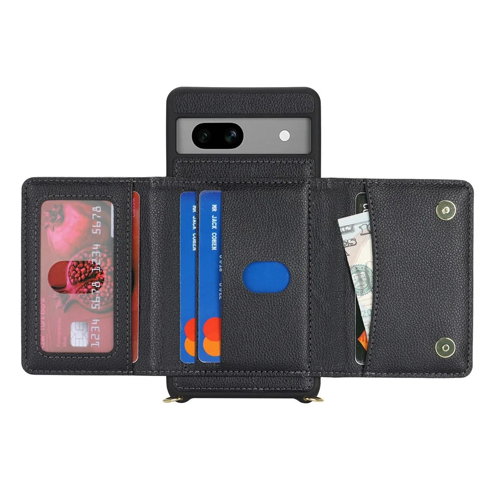 For Google Pixel 7a Case with Lanyard   /   Mirror   /   Card Holder Grids Pattern RFID Blocking Phone Cover - Black - 2