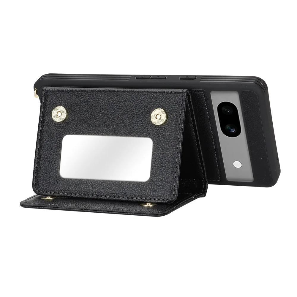 For Google Pixel 7a Case with Lanyard   /   Mirror   /   Card Holder Grids Pattern RFID Blocking Phone Cover - Black - 3