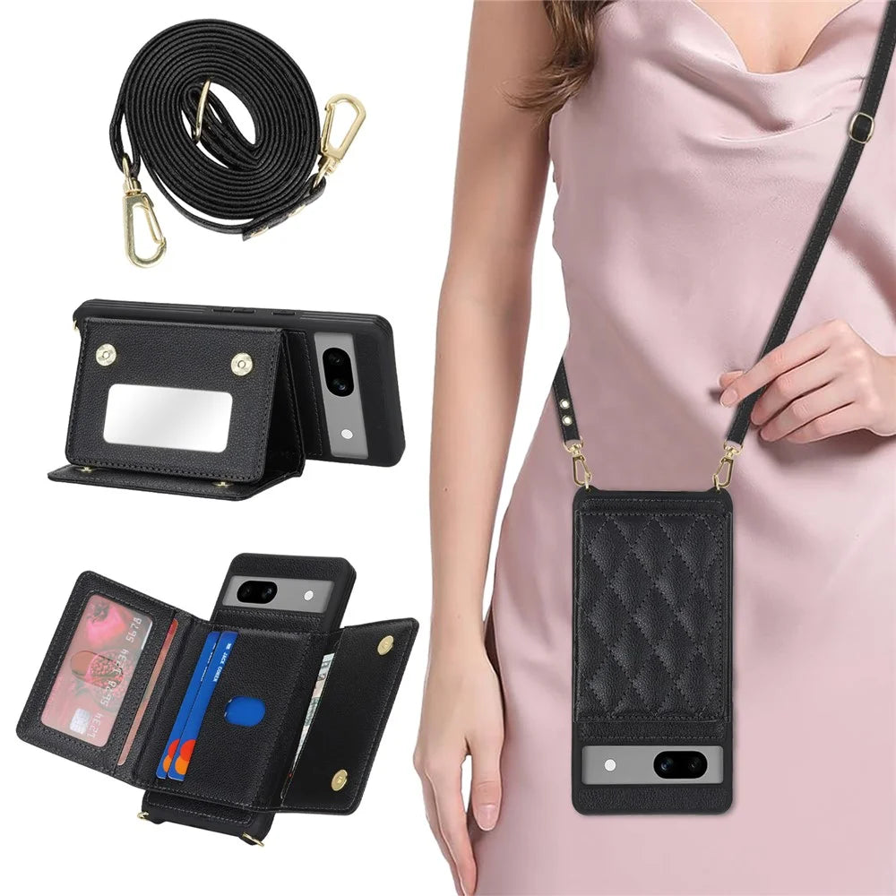 For Google Pixel 7a Case with Lanyard   /   Mirror   /   Card Holder Grids Pattern RFID Blocking Phone Cover - Black - 4