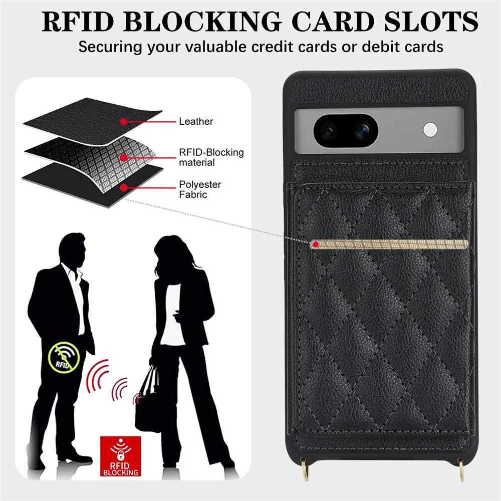 For Google Pixel 7a Case with Lanyard   /   Mirror   /   Card Holder Grids Pattern RFID Blocking Phone Cover - Black - 5
