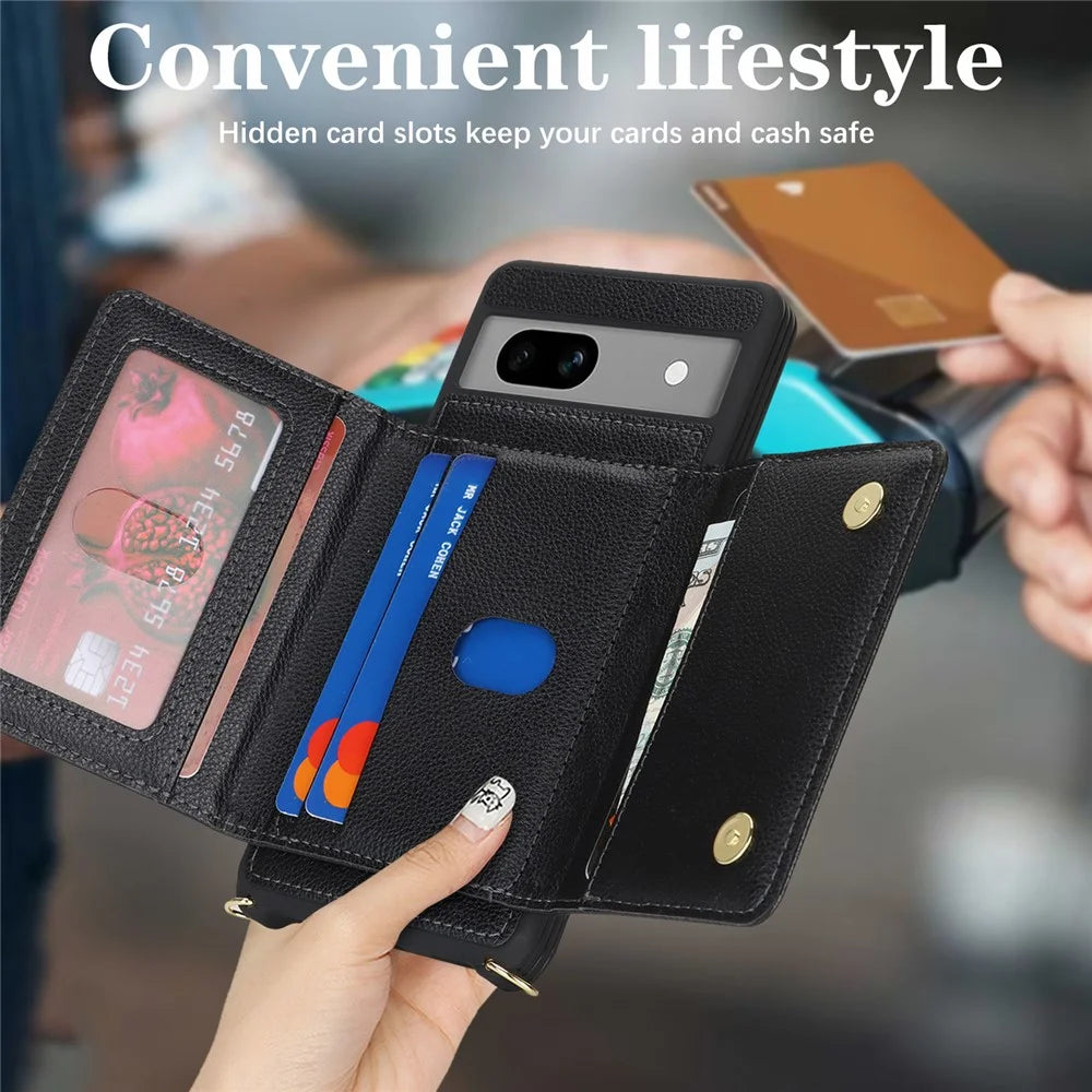 For Google Pixel 7a Case with Lanyard   /   Mirror   /   Card Holder Grids Pattern RFID Blocking Phone Cover - Black - 6