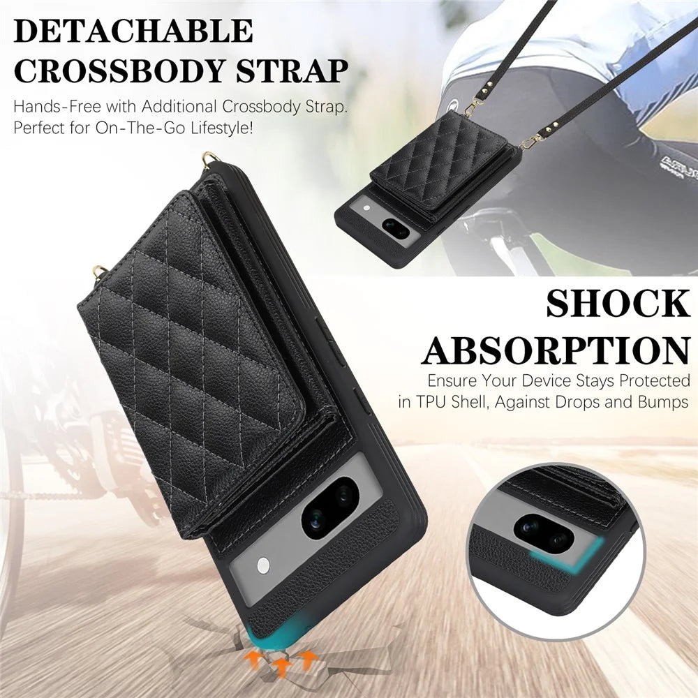 For Google Pixel 7a Case with Lanyard   /   Mirror   /   Card Holder Grids Pattern RFID Blocking Phone Cover - Black - 7