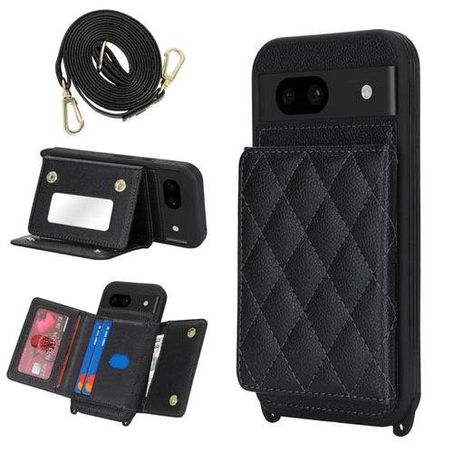 For Google Pixel 8a Case with Lanyard   /   Mirror   /   Card Holder Grids Pattern RFID Blocking Phone Cover - Black - 1