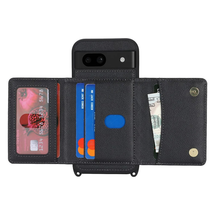 For Google Pixel 8a Case with Lanyard   /   Mirror   /   Card Holder Grids Pattern RFID Blocking Phone Cover - Black - 2
