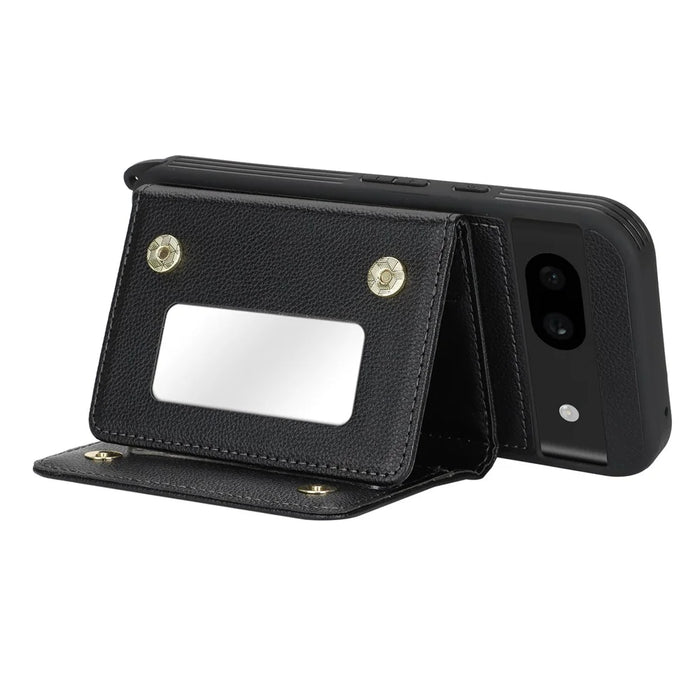For Google Pixel 8a Case with Lanyard   /   Mirror   /   Card Holder Grids Pattern RFID Blocking Phone Cover - Black - 3