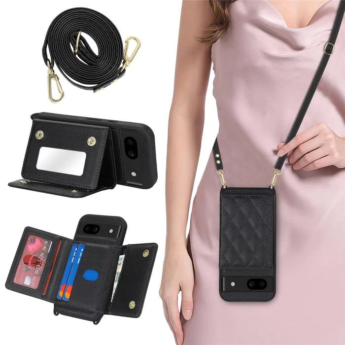 For Google Pixel 8a Case with Lanyard   /   Mirror   /   Card Holder Grids Pattern RFID Blocking Phone Cover - Black - 4