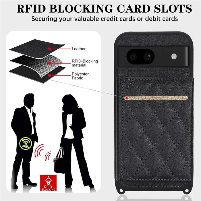For Google Pixel 8a Case with Lanyard   /   Mirror   /   Card Holder Grids Pattern RFID Blocking Phone Cover - Black - 5