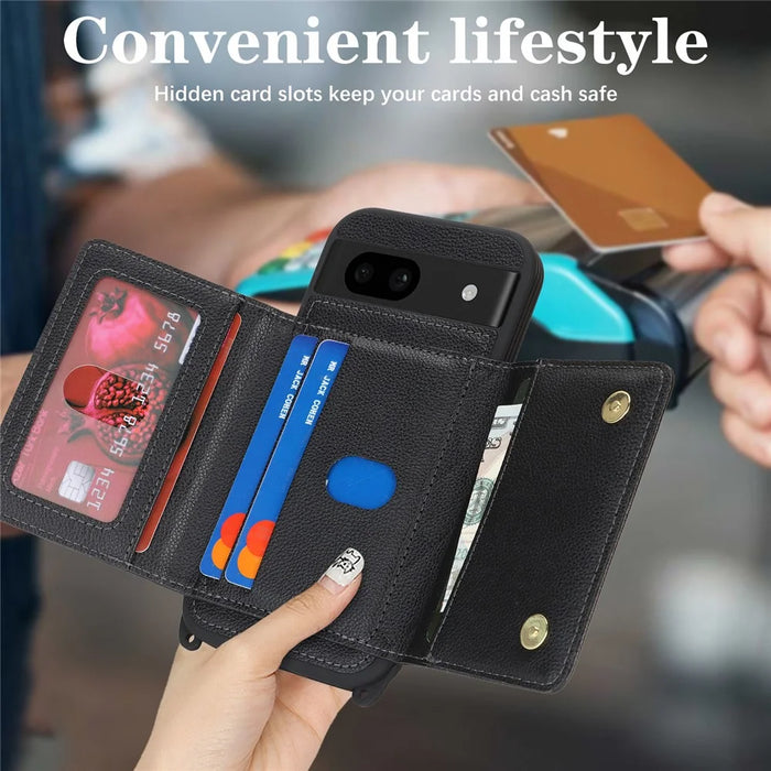For Google Pixel 8a Case with Lanyard   /   Mirror   /   Card Holder Grids Pattern RFID Blocking Phone Cover - Black - 6