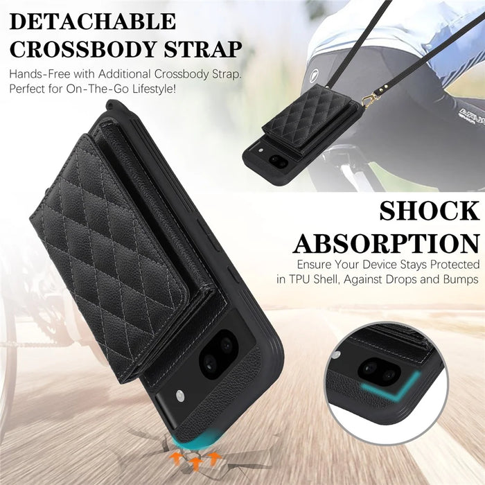 For Google Pixel 8a Case with Lanyard   /   Mirror   /   Card Holder Grids Pattern RFID Blocking Phone Cover - Black - 7
