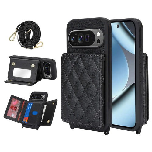 Phone Case For Google Pixel 10  /  10 Pro with Lanyard   /   Mirror   /   Card Holder Grids Pattern RFID Blocking Phone Cover - Black - 1