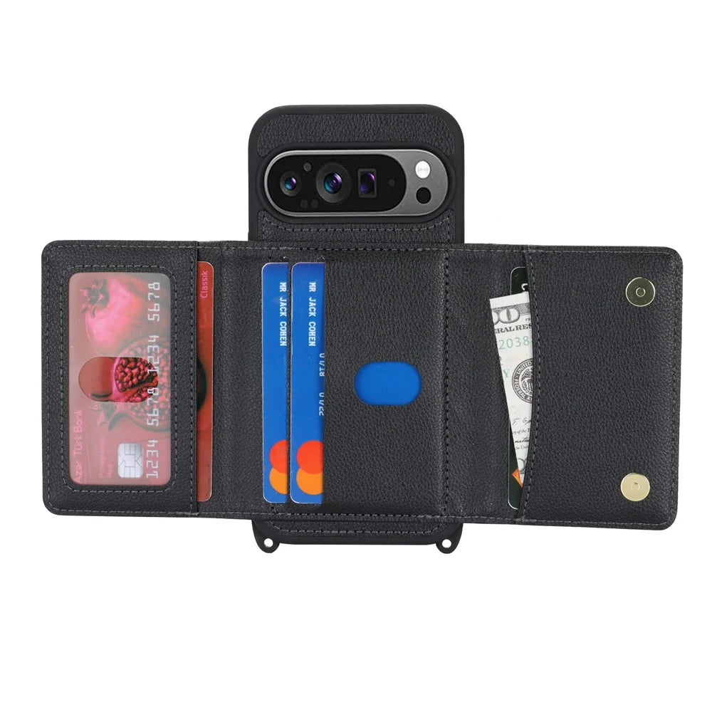 Phone Case For Google Pixel 10  /  10 Pro with Lanyard   /   Mirror   /   Card Holder Grids Pattern RFID Blocking Phone Cover - Black - 2