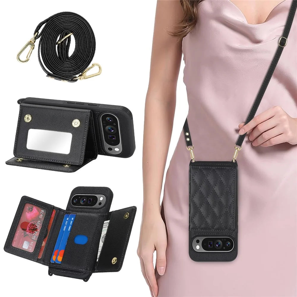 Phone Case For Google Pixel 10  /  10 Pro with Lanyard   /   Mirror   /   Card Holder Grids Pattern RFID Blocking Phone Cover - Black - 4