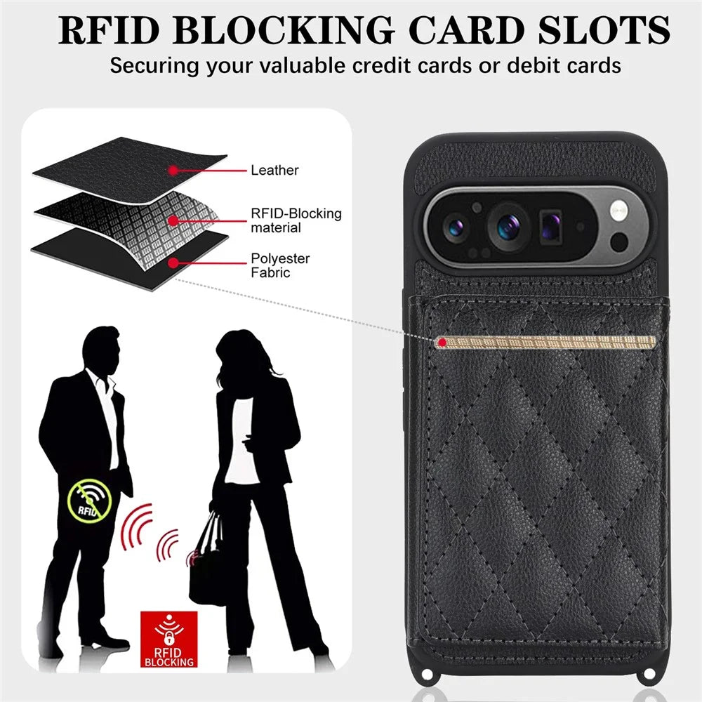 Phone Case For Google Pixel 10  /  10 Pro with Lanyard   /   Mirror   /   Card Holder Grids Pattern RFID Blocking Phone Cover - Black - 5