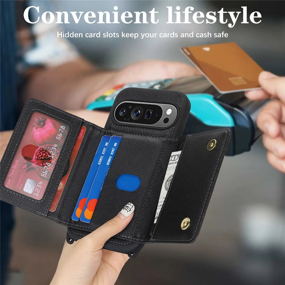Phone Case For Google Pixel 10  /  10 Pro with Lanyard   /   Mirror   /   Card Holder Grids Pattern RFID Blocking Phone Cover - Black - 6