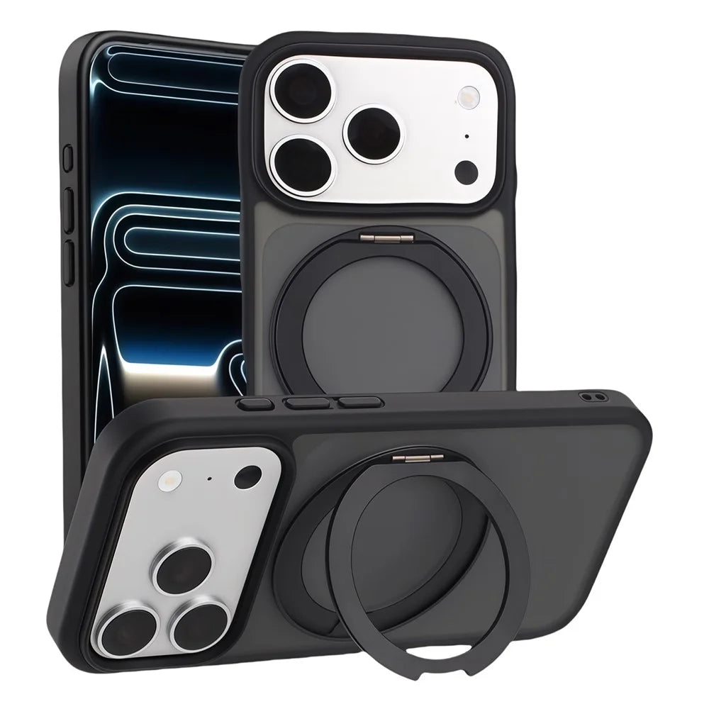 For iPhone 17 Pro Magnetic Case 360° Rotatable TPU PC Matte Phone Cover Compatible with MagSafe - Black - 1