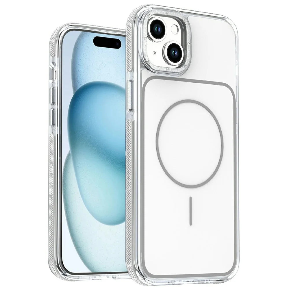 For iPhone 15 Magnetic Case Dual Color Shockproof TPU PC Phone Cover Compatible with MagSafe - White - 1