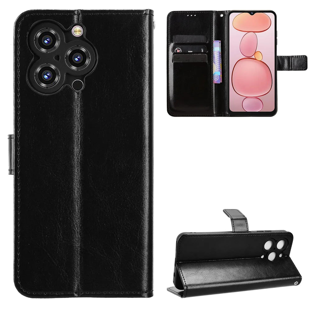 For Oukitel C3 PU Leather Case with Strap Crazy Horse Texture Phone Wallet Cover - Black - 1