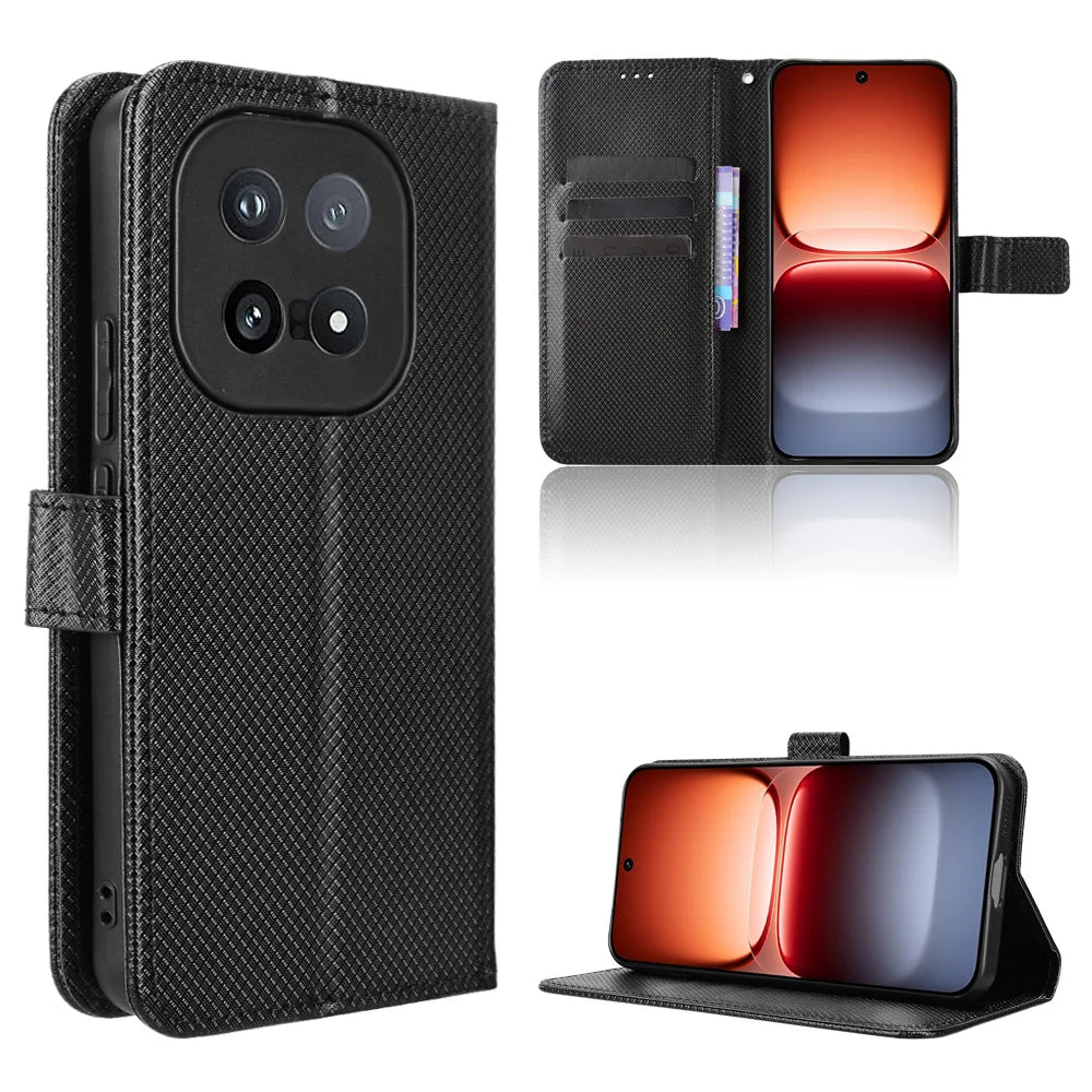 For vivo iQOO 15 5G Leather Wallet Case with Strap Diamond Texture Phone Cover - Black - 1