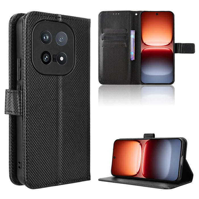 For vivo iQOO 15 5G Leather Wallet Case with Strap Diamond Texture Phone Cover - Black - 1